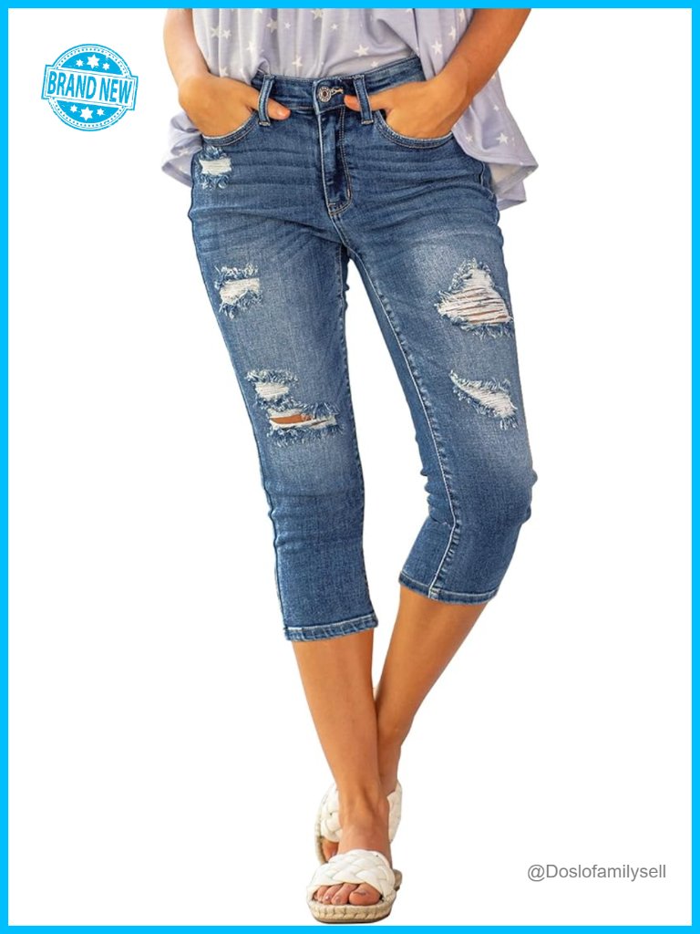 High Waisted Skinny Ripped Capri Jeans With Stretch